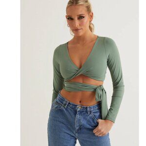 alana eve LORI  Front Twist V Neck Crop Top Sage